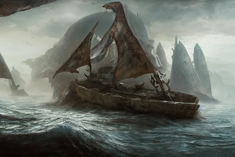 Image similar to A battered Trireme, Scylla and Charybdis and an ancient boat by Jessica Rossier and HR Giger cinematic concept painting