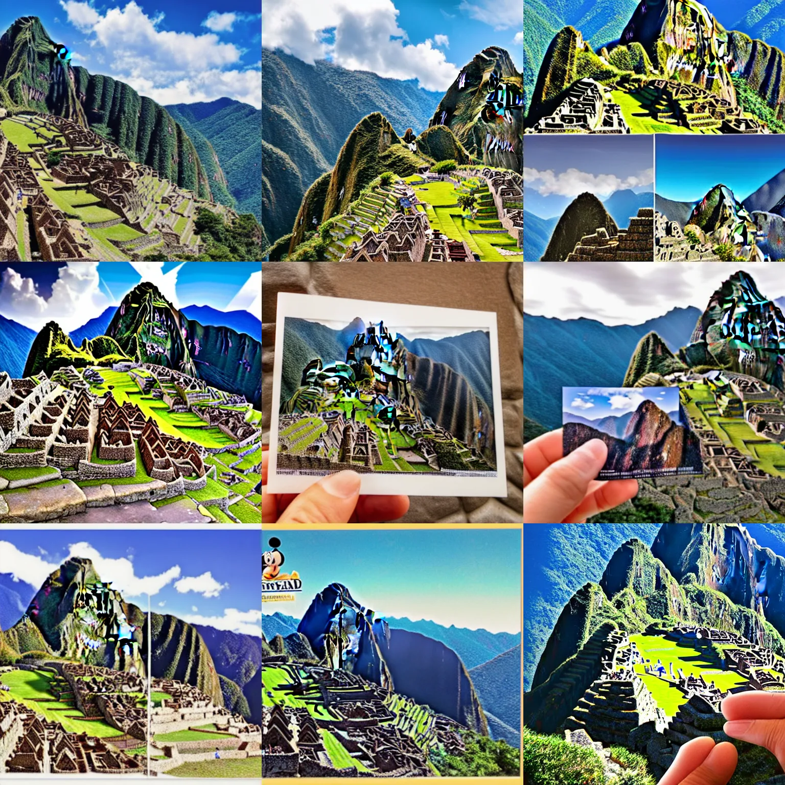 Prompt: a postcard from disneyland machu picchu with a fancy castle, mickey mouse ears, and high altitude mountain scenery, souvenir postcard slightly bent from going through the mail
