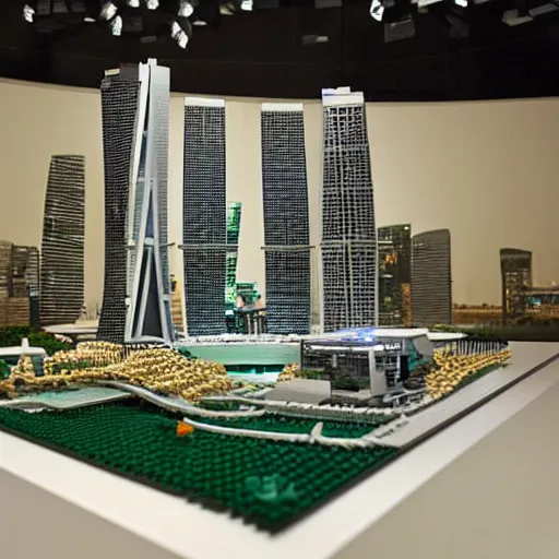 Image similar to a lego model of Marina Bay Sands, highly detailed, museum lighting