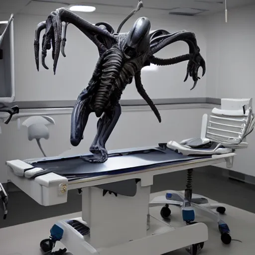 Prompt: xenomorph on a surgical table.