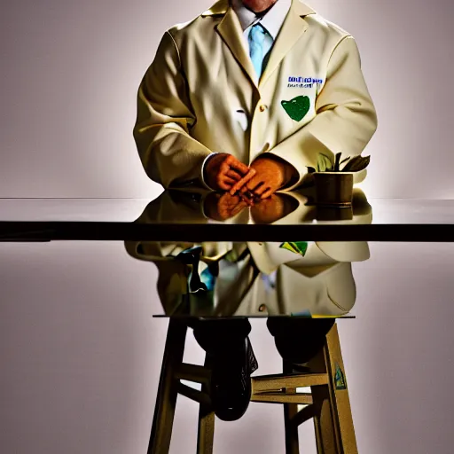 Image similar to a duck scientist wearing a labcoat, duck sits at a table, scientist is a duck, not human, super resolution, 8k, full body shot