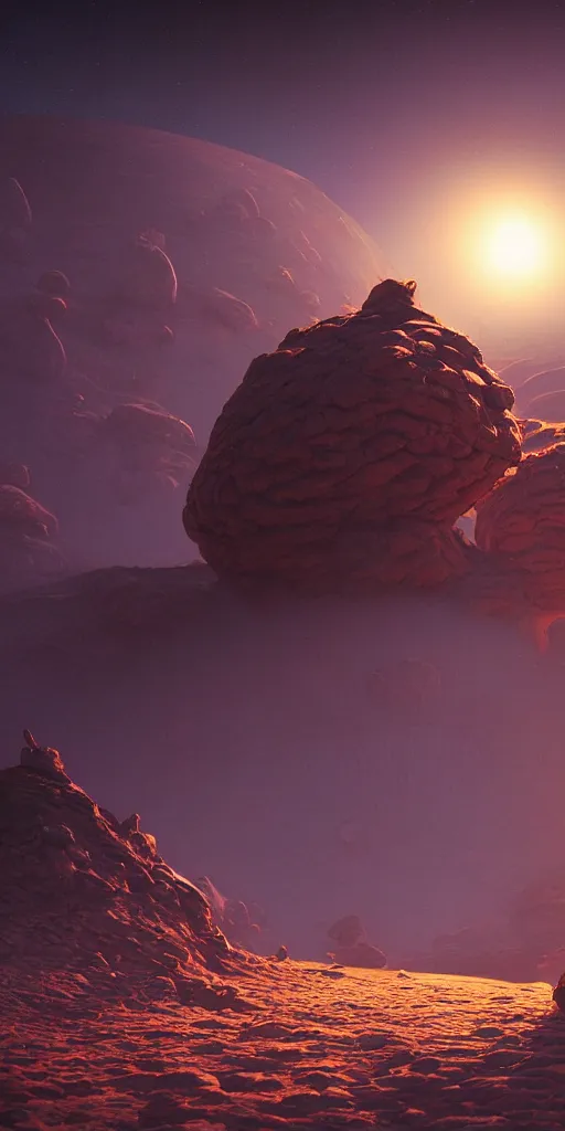 Prompt: an obscure alien formation on an unknown sandy desert planet, gorgeous lighting, by paul lehr, unreal engine, octane render