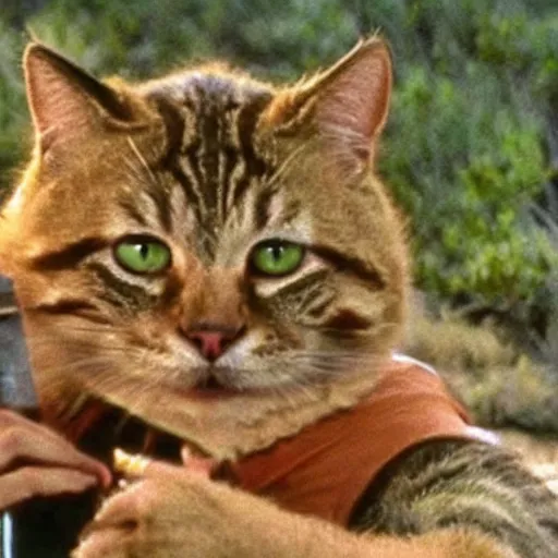 Image similar to A still of Garfield the cat in Rambo First Blood (1982)