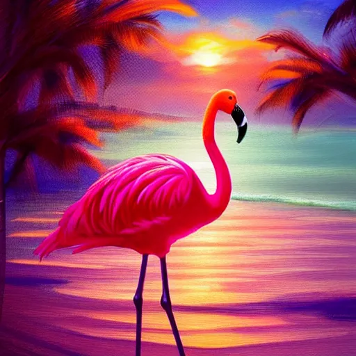 Prompt: pink flamingo on the beach under the sunset, pixar artstyle, trending on artstation, macro, highly intricate, vibrant, digital painting, portrait, hd, cinematic, dramatic, ultra detailed, illustration, concept art, 8 k, 4 k