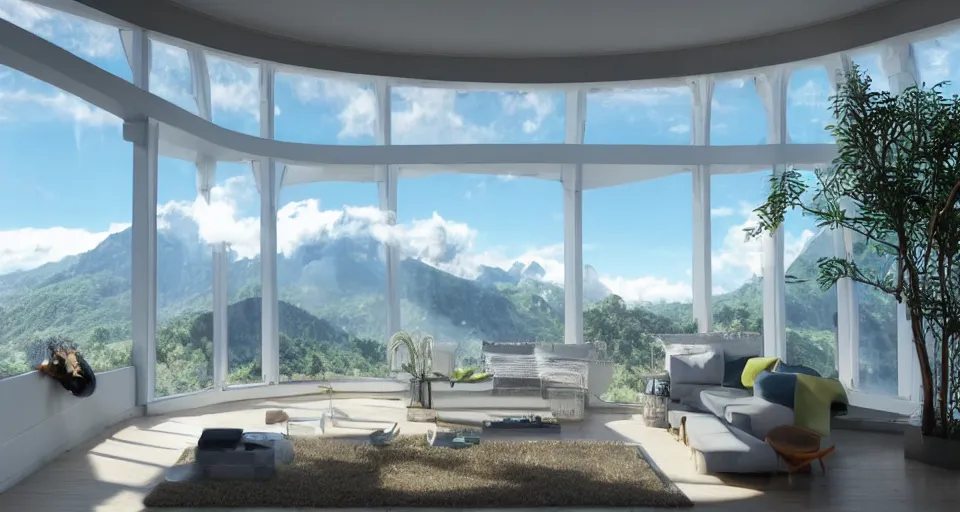 Image similar to looked at big window, architectural, mountains in background, cloud forest in background, tropical, sunny day time, clear sky, living room, furniture, IKEA catalogue, futuristic, ultra realistic, ultra detailed, cinematic light, anamorphic