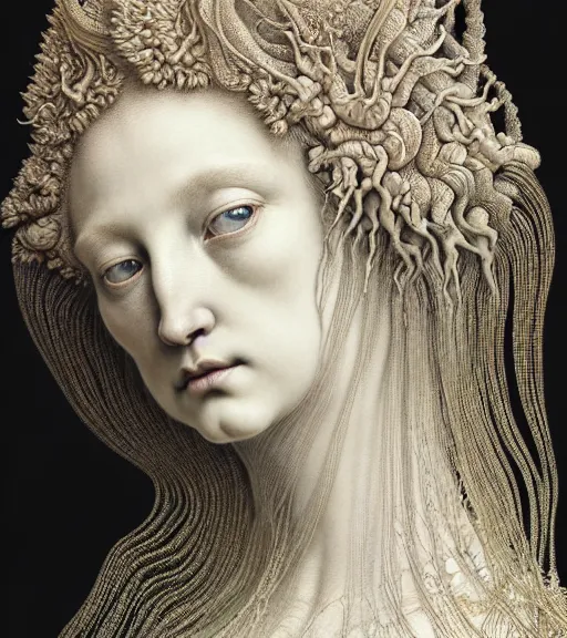 Prompt: detailed realistic beautiful porcelain goddess face portrait by jean delville, gustave dore, iris van herpen and marco mazzoni, art forms of nature by ernst haeckel, art nouveau, symbolist, visionary, gothic, neo - gothic, pre - raphaelite, fractal lace, intricate alien botanicals, biodiversity, surreality, hyperdetailed ultrasharp octane render