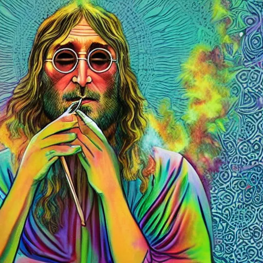 Image similar to a mystical hippy meditating, john lennon spectacles on, deep hippy vibe, smoke and hooka pipe, weed