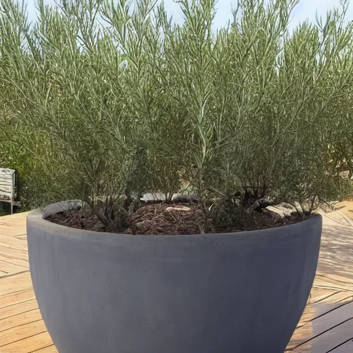 Image similar to large concrete pot on the rooftop, olive trees, comfortable for seating, wpc decking on the floor