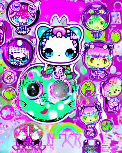 Image similar to cybergoth decora glitchcore yokai girl, sanrio tamagotchi moe ornaments, pastel cute cinematography