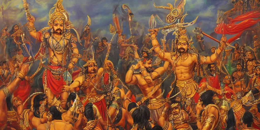 Prompt: a painting of bhima holding a mace and standing over slain duryodhan, mahabharat, an oil on canvas painting by ram chandra shukla, artstation, samikshavad, detailed painting, epic, oil on canvas