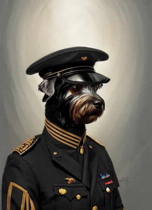 Image similar to portrait of stoic looking miniature schnauzer, military uniform, black fir, white eyebrows, fantasy, intricate, elegant, highly detailed, centered, dark, smokey, digital painting, artstation, concept art, smooth, sharp focus, illustration, art by artgerm and greg rutkowski and alphonse mucha