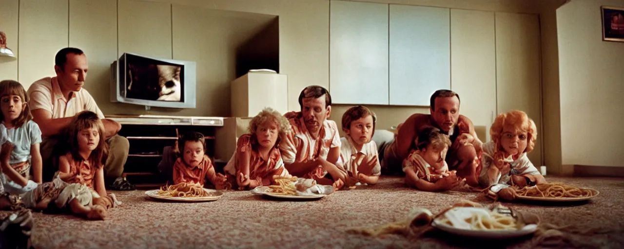 Prompt: a family eating spaghetti watching a tv showing the moon landing, in the style of diane arbus, canon 5 0 mm, wes anderson film, kodachrome, retro