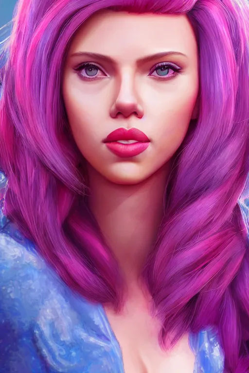 Image similar to Scarlett Johansson as a barbie doll, vivid colors, high details, cinematic, 8k resolution, beautiful detailed, photorealistic, digital painting, artstation, concept art, smooth, sharp focus, illustration, fantasy background, artstation trending, octane render, unreal engine