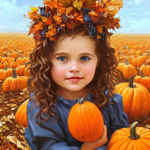 Image similar to a cute little girl with light brown wavy curly hair and blue eyes sitting amidst piles of pumpkins. beautiful cute highly detailed face. she is wearing a crown of autumn leaves. autumn and fall and halloween themed painting by artgerm and greg rutkowski and alphonse mucha.