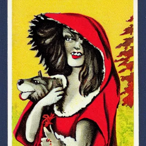 Image similar to little red riding hood wearing a luxurious fur coat with a wolf head hood, vintage Halloween postcard