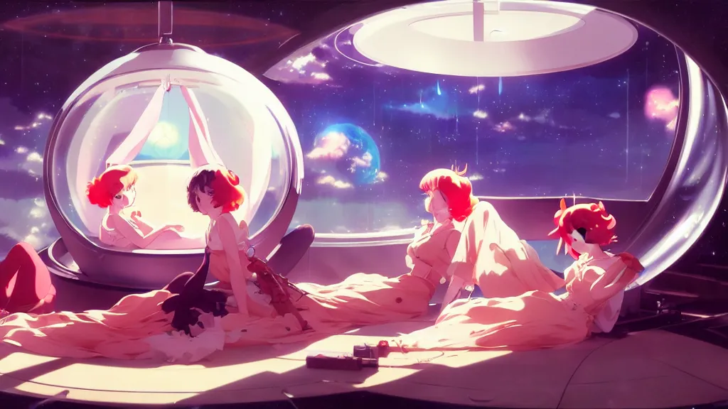 Prompt: a film still of a 1 9 5 0's anime girls chilling inside ufo, chillhop aesthetics, hdr, full body mid shot, perfect art, trending on pixiv fanbox, painted by gaston bussiere, makoto shinkai, akihiko yoshida, craig mullins