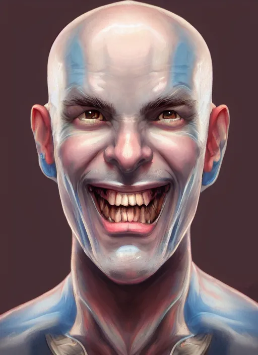 Image similar to head-on symmetrical centered painted portrait, a smiling bald androgynous man with completely blue skin in his twenties as a D&D wizard, fantasy, intricate, elegant, highly detailed, digital painting, smooth, sharp focus, illustration, artstation, in the style of Artgerm and Anna Podedworna and Charlie Bowater and Michael Garmash