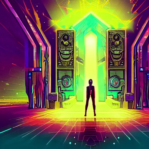 Prompt: a ancient portal to another dimension, retrowave art, trending on art station