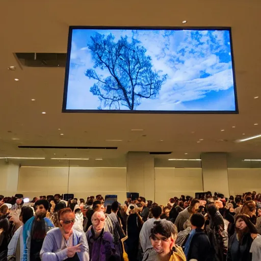 Prompt: a large crowd of people looking up at a large screen with tree displayed