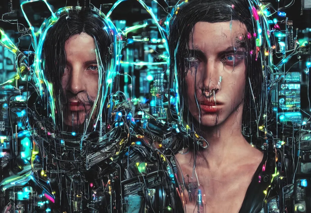 Image similar to melting face, cyberpunk 2 0 y. o model, black reflect robe, wrapped in wires and piones, looking straight ahead, a computer magazine from the'9 0 s art by max lofflern