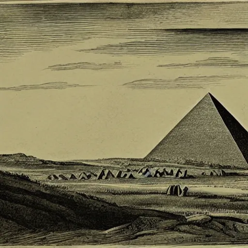 Prompt: A 1780s etching of a barren landscape dominated by an unfinished pyramid of 13 steps, topped by the Eye of Providence within a triangle. Roman numerals are engraved at the base of the pyramid.