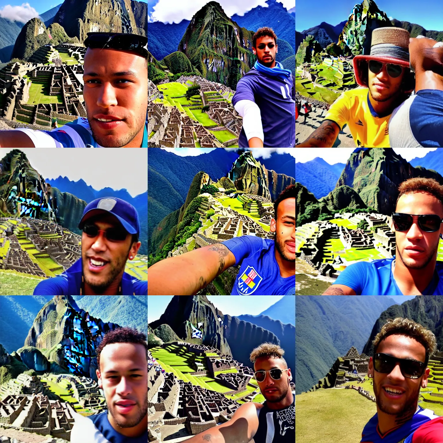 Prompt: selfie of neymar in front of machu picchu