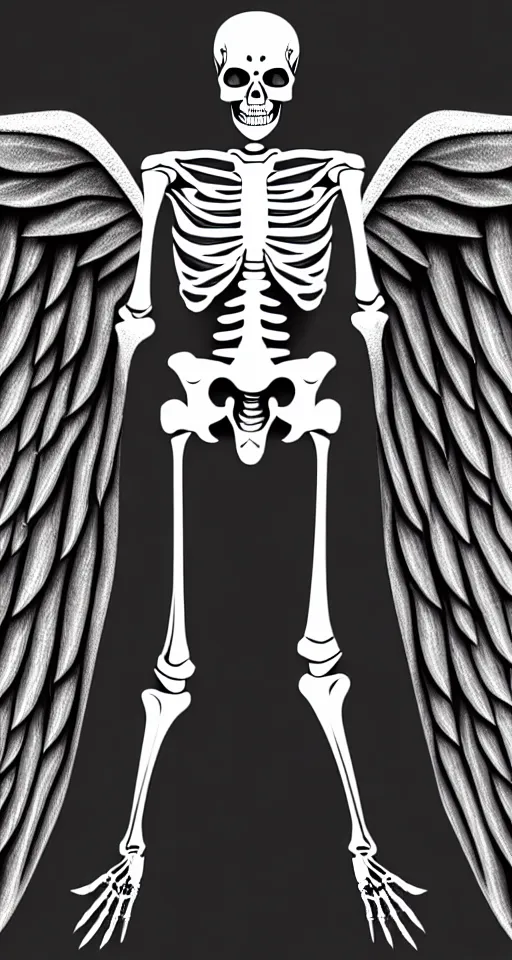 Image similar to full length male skeleton with angel wings only, illustration style, transparent background, symbolic, cinematic, super detailed and intricate, elegant, hyper - realistic