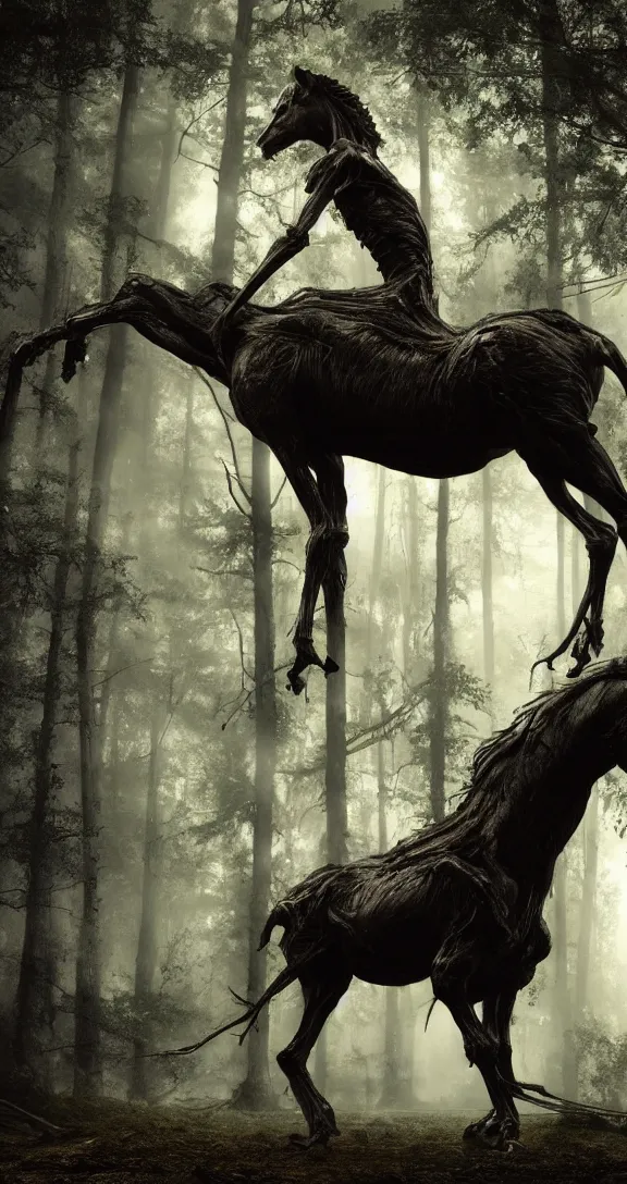 Prompt: a cinema still of a tall, bony humanoid creature with the head and hooves of a horse and disproportionately long limbs with dark gloomy forest in the background shot by guilliermo del toro, horror, dark, natural, hyper detailed, digital art, trending in artstation, cinematic lighting, studio quality,
