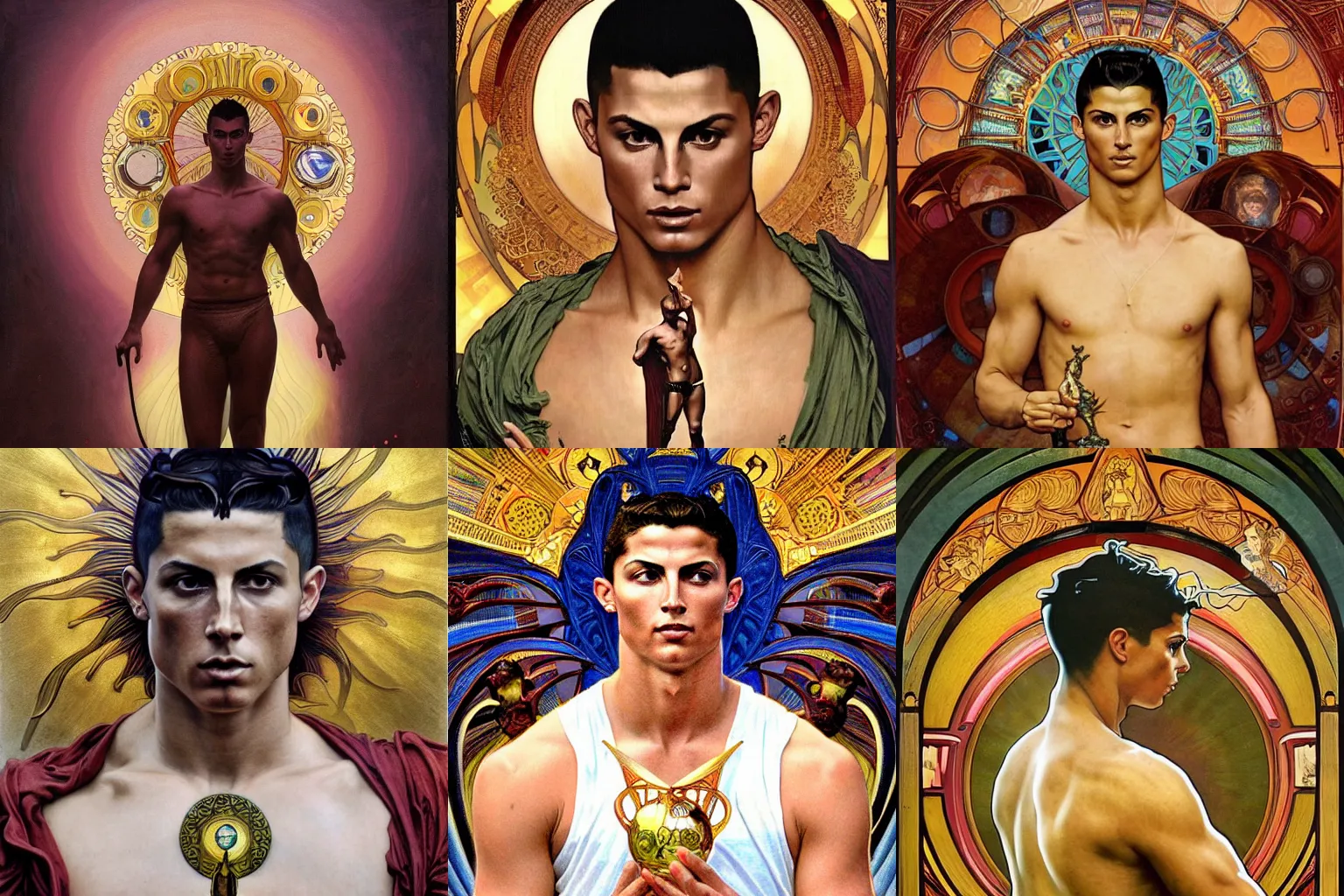 Image similar to is a stunning, breathtaking, awe-inspiring award-winning conceptual Art Nouveau painting with an attractive Cristiano Ronaldo as the sun god, with disturbing, piercing eyes, Alphonse Mucha, Michael Whelan, William Adolphe Bouguereau, John Williams Waterhouse and Donato Giancola, cyberpunk, extremely gloomy lighting, shining light and shadow, atmospheric, cinematic, unreal Engine, 8K