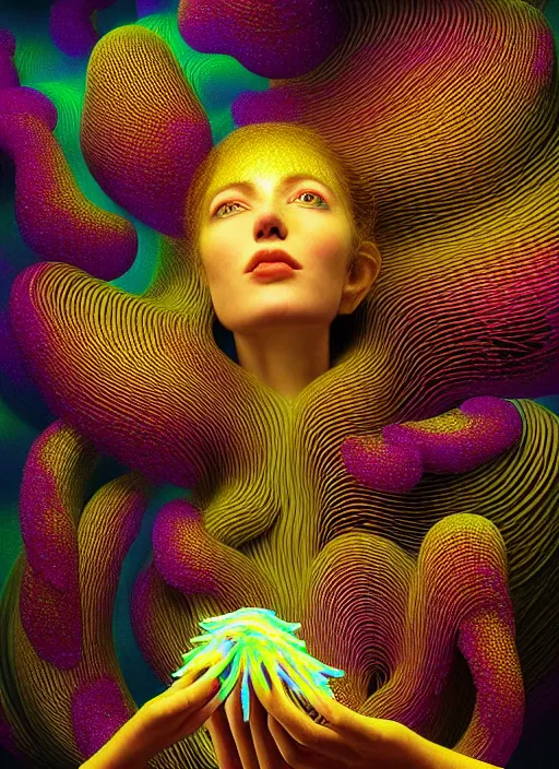 Image similar to hyper detailed 3d render like a Oil painting - Aurora (Singer) seen Eating of the Strangling network of yellowcake aerochrome and milky Fruit and Her delicate Hands hold of gossamer polyp blossoms bring iridescent fungal flowers whose spores black the foolish stars by Jacek Yerka, Mariusz Lewandowski, Houdini algorithmic generative render, Abstract brush strokes, Masterpiece, Edward Hopper and James Gilleard, Zdzislaw Beksinski, Mark Ryden, Wolfgang Lettl, hints of Yayoi Kasuma, octane render, 8k