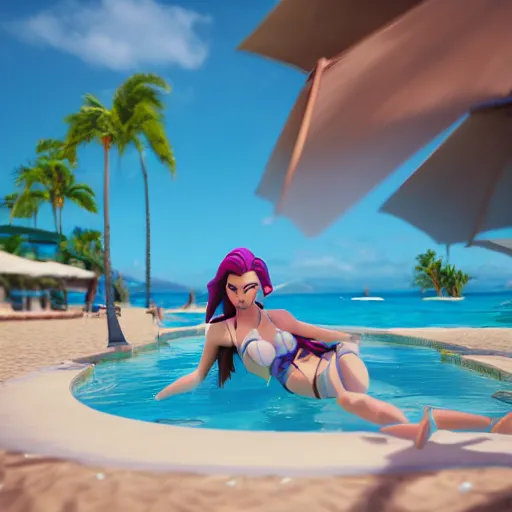 Image similar to beautiful render of pool party Caitlyn (league of legends) in hawaii beach, centered, uncropped, 3d, octane render, realistic, highly detailed, Disney