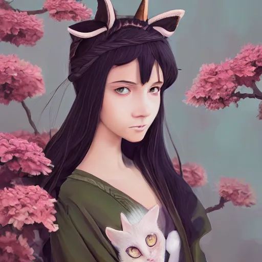 Image similar to a stunning portrait of an olive - skinned witch with cat ears wearing an ornate flower dress, by makoto shinkai, wlop, andrei riabovitchev, sakimichan, summer vibes, very coherent symmetrical artwork, perfect face, studio lighting, 4 k, masterpiece, trending on artstation