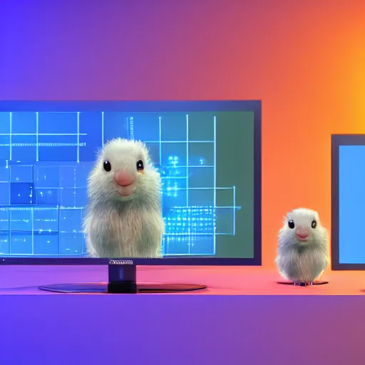 Image similar to a cute blue colored gopher with blue fur programming on multiple monitors displaying many spreadsheets, digital art, 3 d render, octane, post - processing