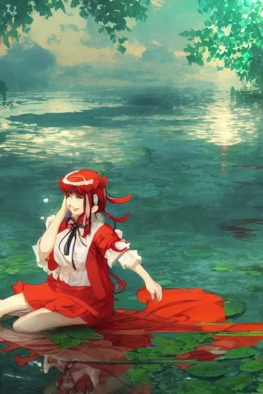 Prompt: hakurei reimu from touhou project floating on the water at night, plants, green and orange theme by krenz cushart and mucha and makoto shinkai and akihito yoshida and greg rutkowski, 4 k resolution