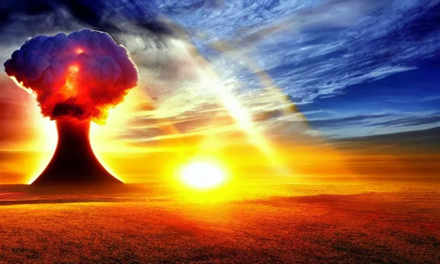 Image similar to nuclear explosion, few sun rays, wallpaper, award winning photo, hd, high detailed