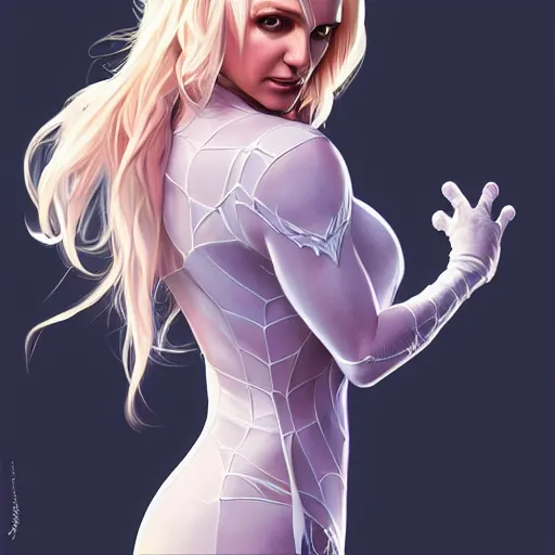 Image similar to britney spears as spider - gwen, western, d & d, fantasy, intricate, elegant, highly detailed, digital painting, artstation, concept art, matte, sharp focus, illustration, art by artgerm and greg rutkowski and alphonse mucha