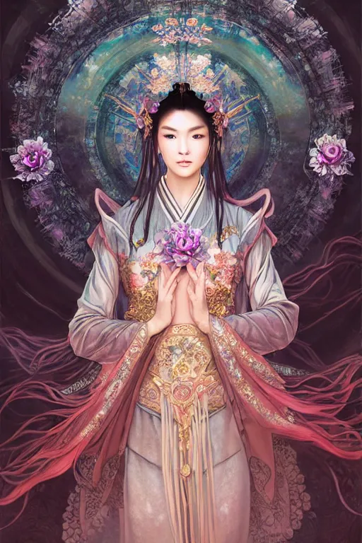 Image similar to beautiful ancient fantasy portrait of wuxia armored heroine wearing like Xian Xia wardrobe, in forbidden City, hybrid from Dynasty Warriror, flowers sea rainning everywhere, intricate, very very beautiful, elegant, highly detailed, digital painting, beautiful glowing galaxy eyes, artstation, fantasy concept art, smooth, sharp focus, illustration, art by WLOP and alphonse mucha and tian zi