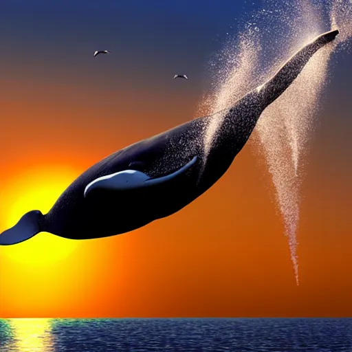 Image similar to whale floating in the air instead of airplanes while the sea raises and some drops flow in the sky, fishes jumping out of water while the sun is seen nicely, ultra realistic, 4k