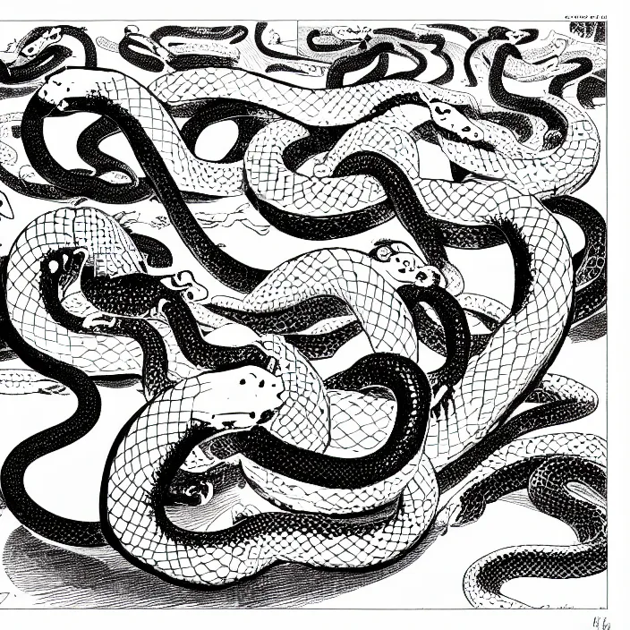 Image similar to a still frame from comic strip, a bouquet of snakes 1 9 5 0, herluf bidstrup, new yorker illustration, monochrome contrast bw, lineart, manga, tadanori yokoo, simplified,