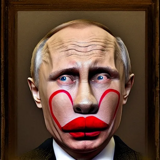 Image similar to vladamir putin as a sad clown, historical photo, high definition, hyperrealistic