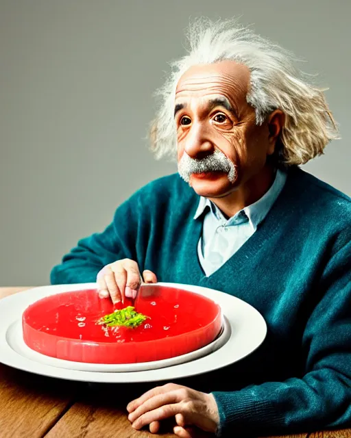 Image similar to a portrait of albert einstein sitting at the dining table with a plate containing jell - o in front of him, highly detailed, trending on artstation, bokeh, 9 0 mm, f / 1. 4