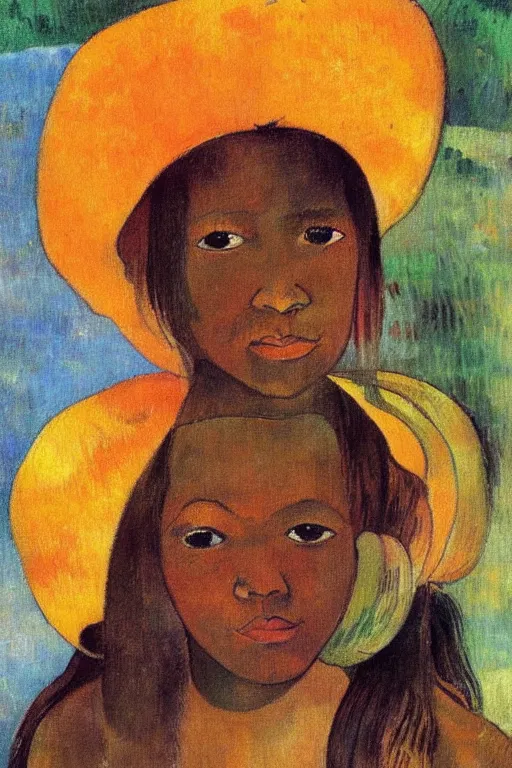 Prompt: “ cute mango girl portrait drawn by paul gauguin ”