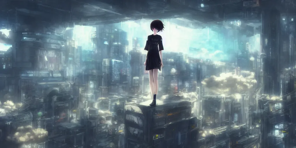 Image similar to wide shot, photorealistic art of lain irakuwa in the clouds above a cyberpunk, punk and steampunk city concept, dynamic lighting, hyper realistic, cinematic, realism