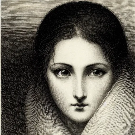 Image similar to extreme close-up, black and white, portrait of a young french woman, marie laforet, Gustave Dore lithography