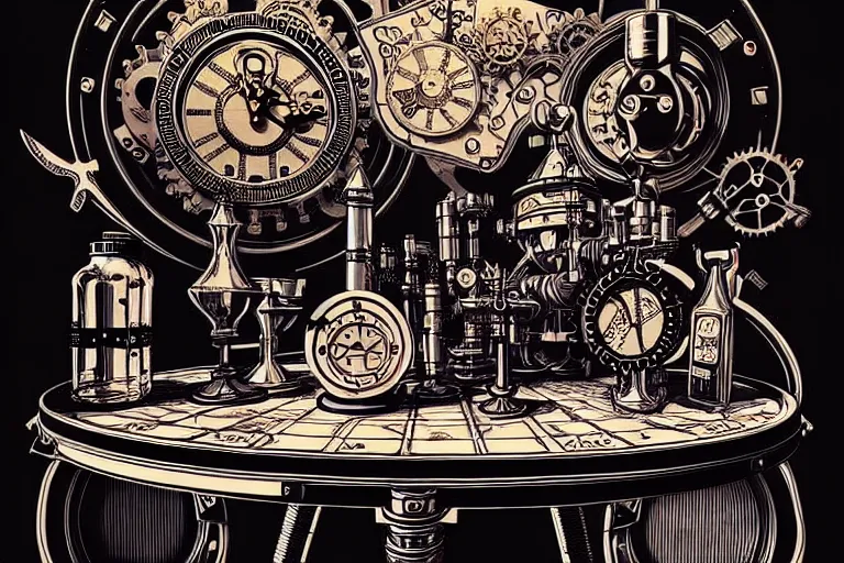 Prompt: steampunk alchemist ornate table, furniture, high details, bold line art, by vincent di fate and joe fenton, inking, etching, screen print, masterpiece, trending on artstation, sharp, high contrast, hd, 4 k, 8 k