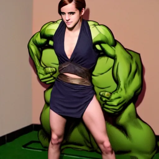 Image similar to emma watson cosplaying as the hulk, muscly emma watson wearing a hulk costume, emma watson jacked beefy cosplay award winner, full body shot