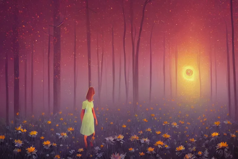 Image similar to giant bunch of daisy flowers head, girl walking in dark forest, surreal photography, dark night, stars, moon light, impressionist painting, clouds, digital painting, artstation, simon stalenhag