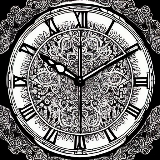 Image similar to clocks, intricate ink illustration, highly detailed, white background, digital artstation