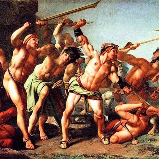 Prompt: muscular warrior women, spartan warrior women, women fighting men, muscular men, roman warrior men, clashing in bloody field, art by jacques - louis david