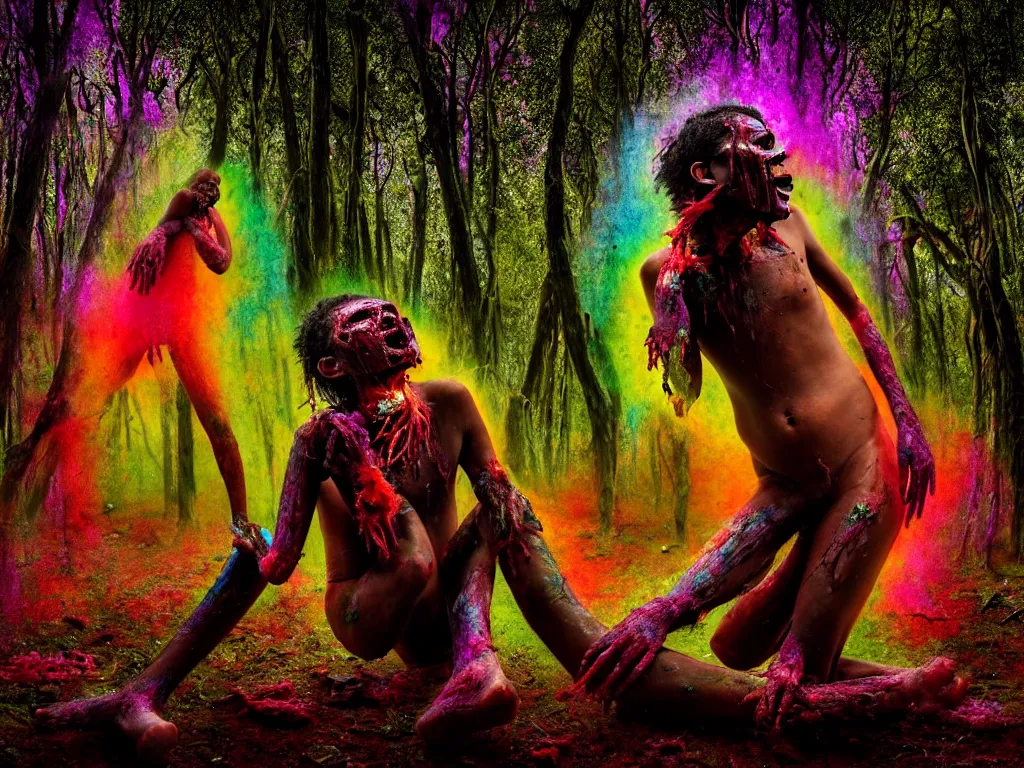 Prompt: a portrait of a beautiful colorful ( flesh - eating ) kala covered in raindow fur, eating the leg of a screaming man, ground covered in maggots, in a kaleidoscope forest with melting trees, schizophrenic hallucination, fear, morbid, nightmare, supernatural, 8 k, hd photography, highly detailed, chiaroscuro, terrifying